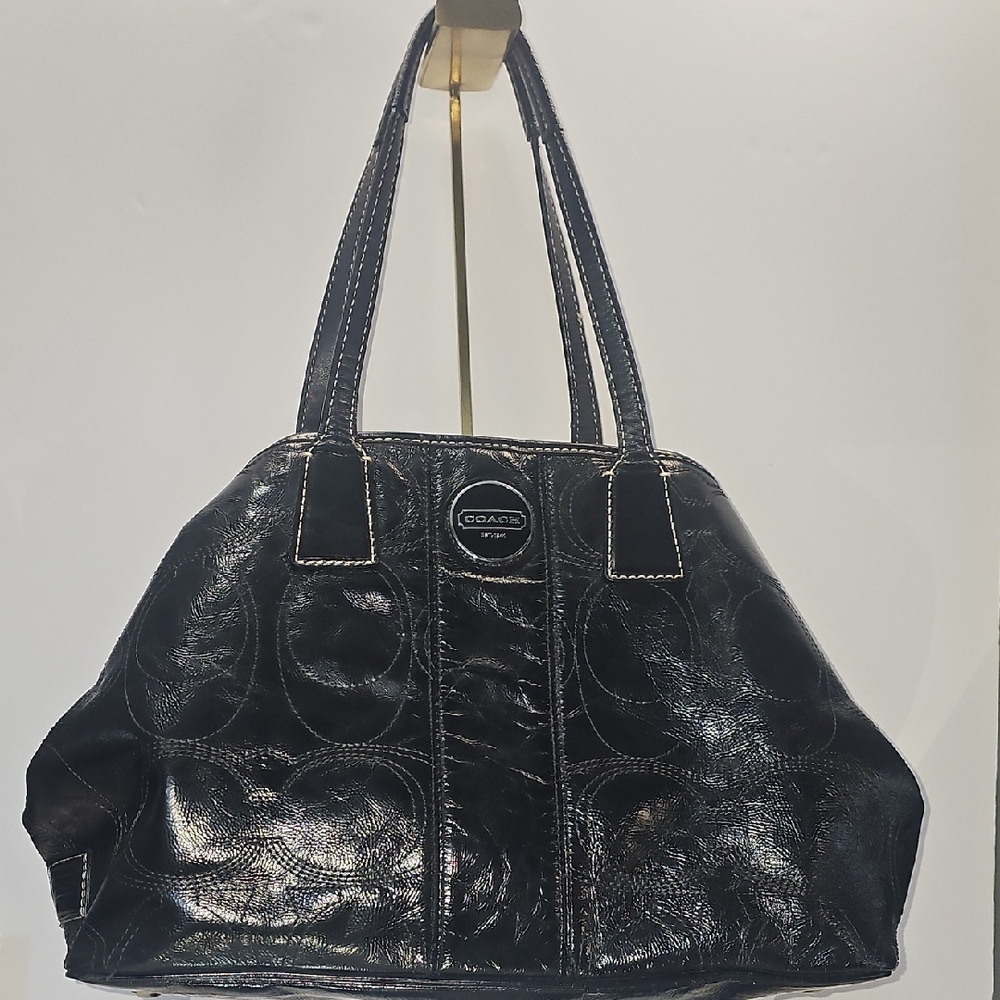 Coach Black Patent Leather Stitch Shoulder Hobo Satchel Bag Purse Tote EUC